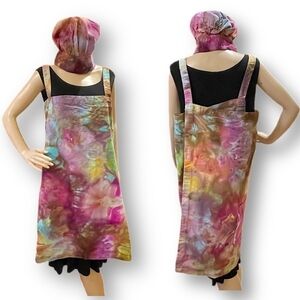 Tie Dye large Japanese wrap around apron matching toque chef's hat rainbow